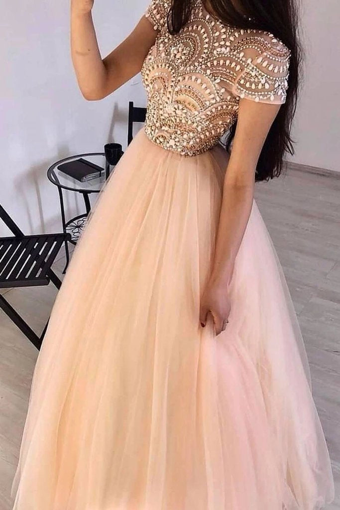 Gorgeous Cap Sleeves Round Neck Pink Beaded Long Prom Dress, Cap Sleev   abcprom
