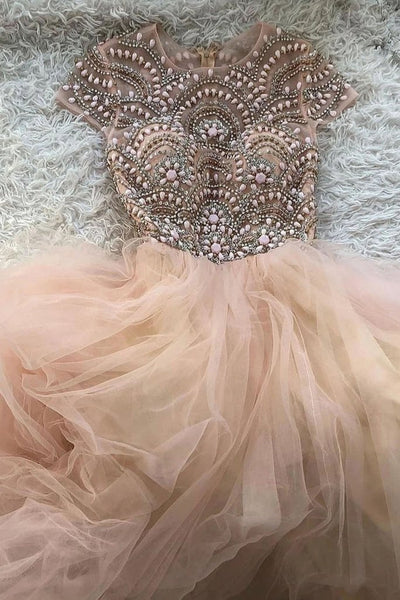 Gorgeous Cap Sleeves Round Neck Pink Beaded Long Prom Dress, Cap Sleeves Pink Formal Dress, Pink Beaded Evening Dress