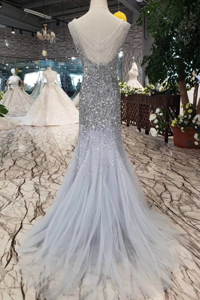 Gorgeous Mermaid Backless Silver Grey Sequins Prom Dress, Mermaid Silv –  abcprom