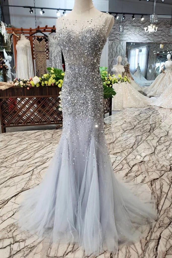 mermaid grey prom dress Silver Grey Diamond Mermaid Long Prom Dresses for Women Sparkly Crystal Velvet Evening Pageant Gown fg5312