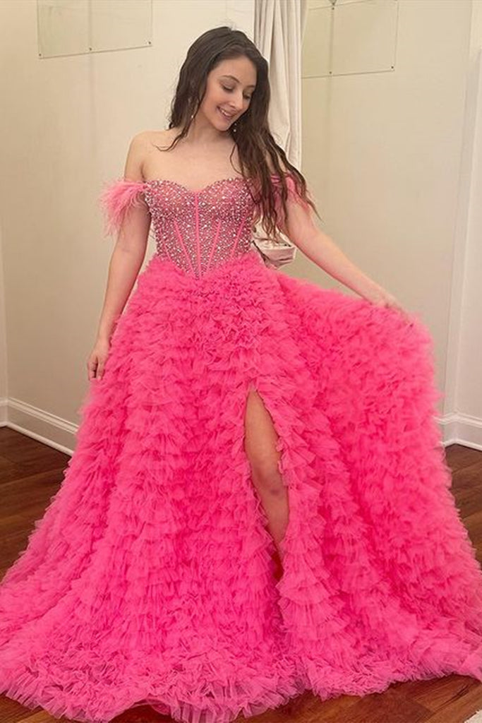 Charming Pink Off-Shoulder A-Line Long Prom Dress Ideas, Evening Party Dresses, OLP1566