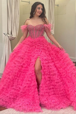 Gorgeous Off Shoulder Beaded Pink Long Prom Dress, Off the Shoulder Pink Formal Evening Dress, Pink Ball Gown A1769