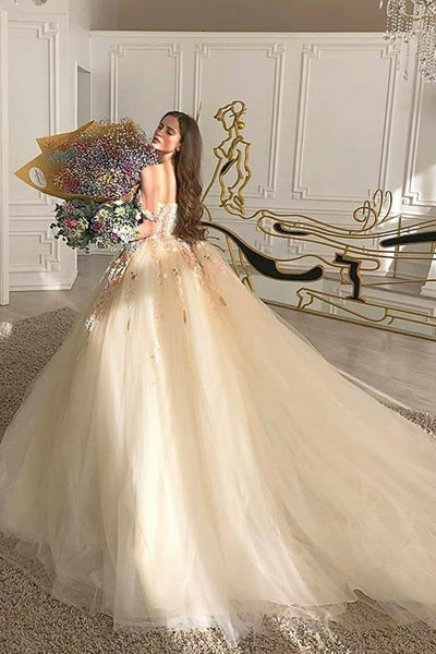 Gorgeous Off Shoulder Champagne Lace Floral Prom Dress, Long 3D Flower Champagne Formal Evening Dress, Champagne Ball Gown
