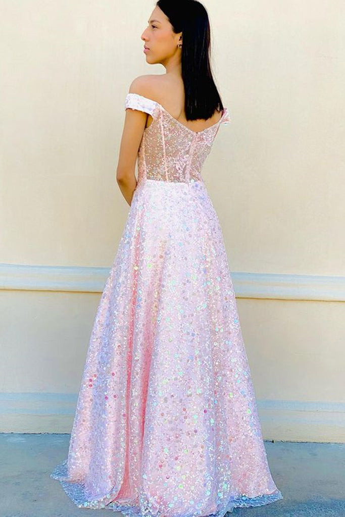 Gorgeous Off Shoulder Pink Lace Floral Long Prom Dress, Off the Should