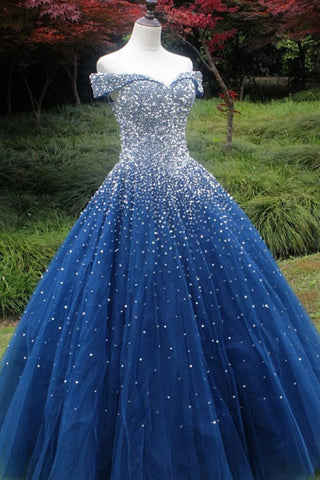 Gorgeous Off Shoulder Sequins Blue Long Prom Dress Shiny Sequins Blue abcprom