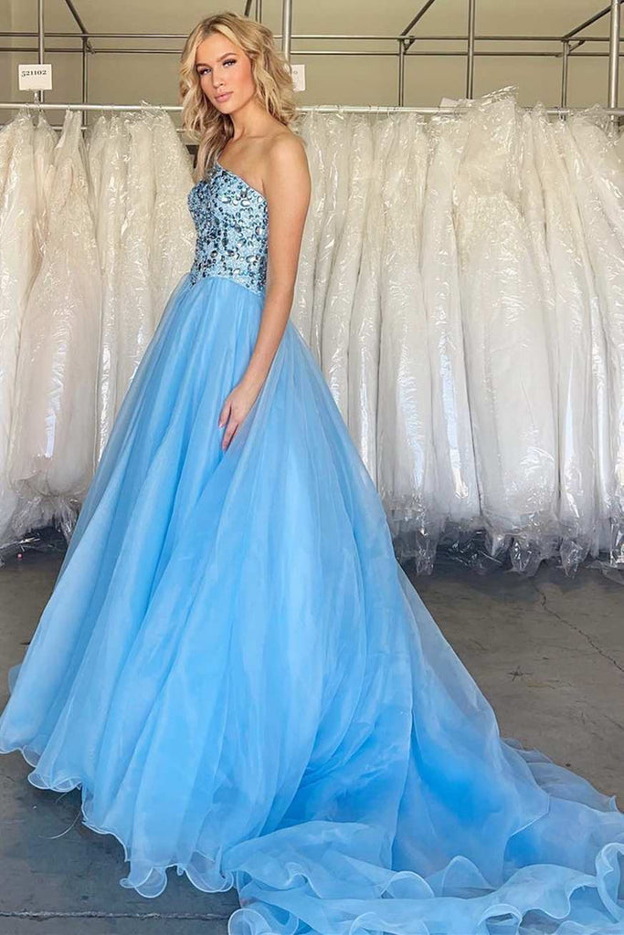 Grey-Blue Tulle Off Shoulder Beaded Long Prom Dress Party Dress, Long Evening Gowns main image 0