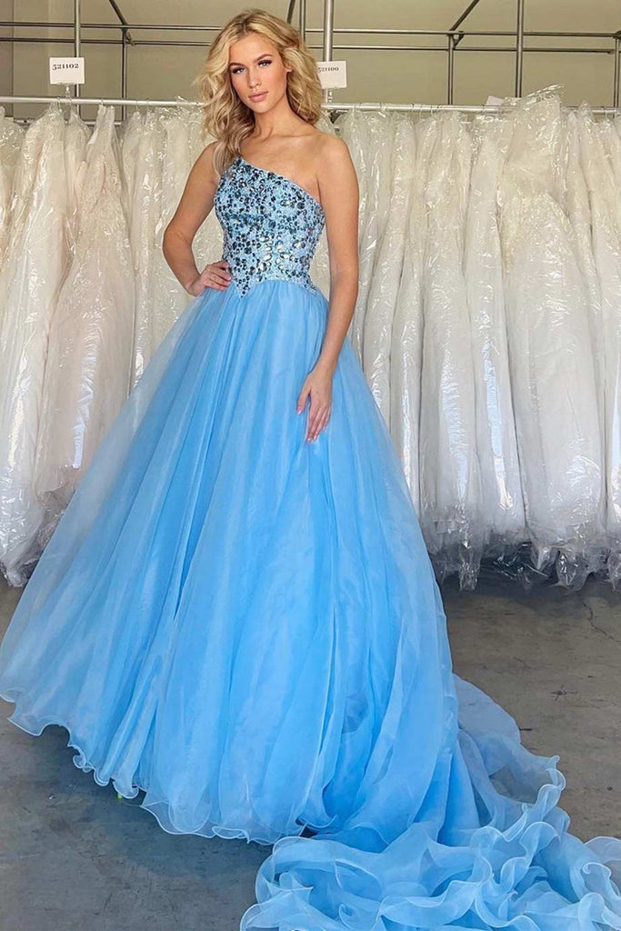 Gorgeous One Shoulder Beaded Blue Tulle Long Prom Dress, Blue Formal Evening Dress, Ball Gown A1740