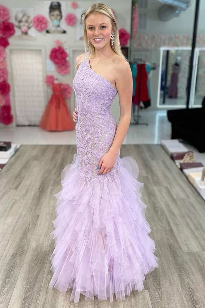 Gorgeous One Shoulder Mermaid Purple Lace Long Prom Dress, One Shoulder Purple Formal Dress, Purple Lace Evening Dress A1545