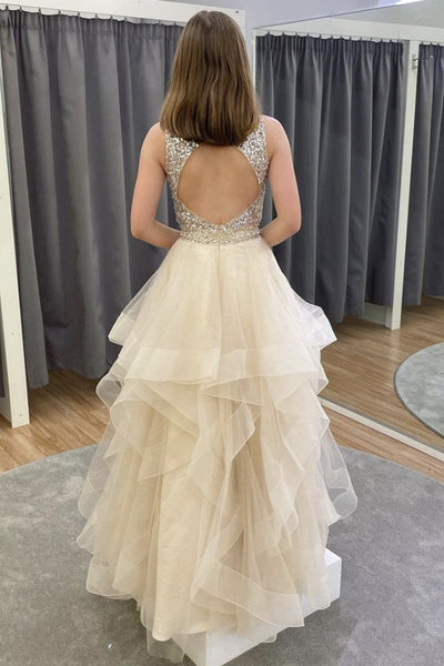 Gorgeous Open Back Fluffy Beaded Champagne Long Prom Dress, Open Back Champagne Formal Dress, Champagne Evening Dress A1296
