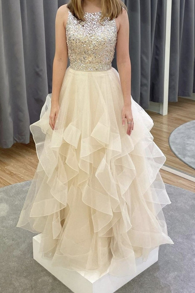 Gorgeous Open Back Fluffy Beaded Champagne Long Prom Dress, Open Back Champagne Formal Dress, Champagne Evening Dress A1296