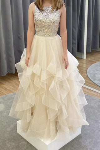 Gorgeous Open Back Fluffy Beaded Champagne Long Prom Dress, Open Back Champagne Formal Dress, Champagne Evening Dress A1296