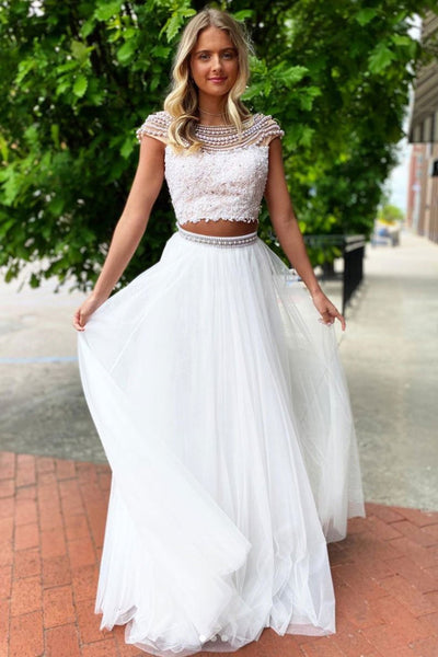 Gorgeous Round Neck Two Pieces White Lace Prom Dress with Beadings, 2 Pieces White Lace Formal Dress, White Lace Evening Dress