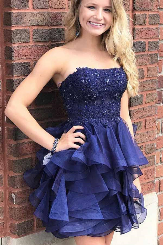 Gorgeous Strapless Beaded Short Navy Blue Lace Prom Dress, Layered Navy Blue Lace Formal Graduation Homecoming Dress
