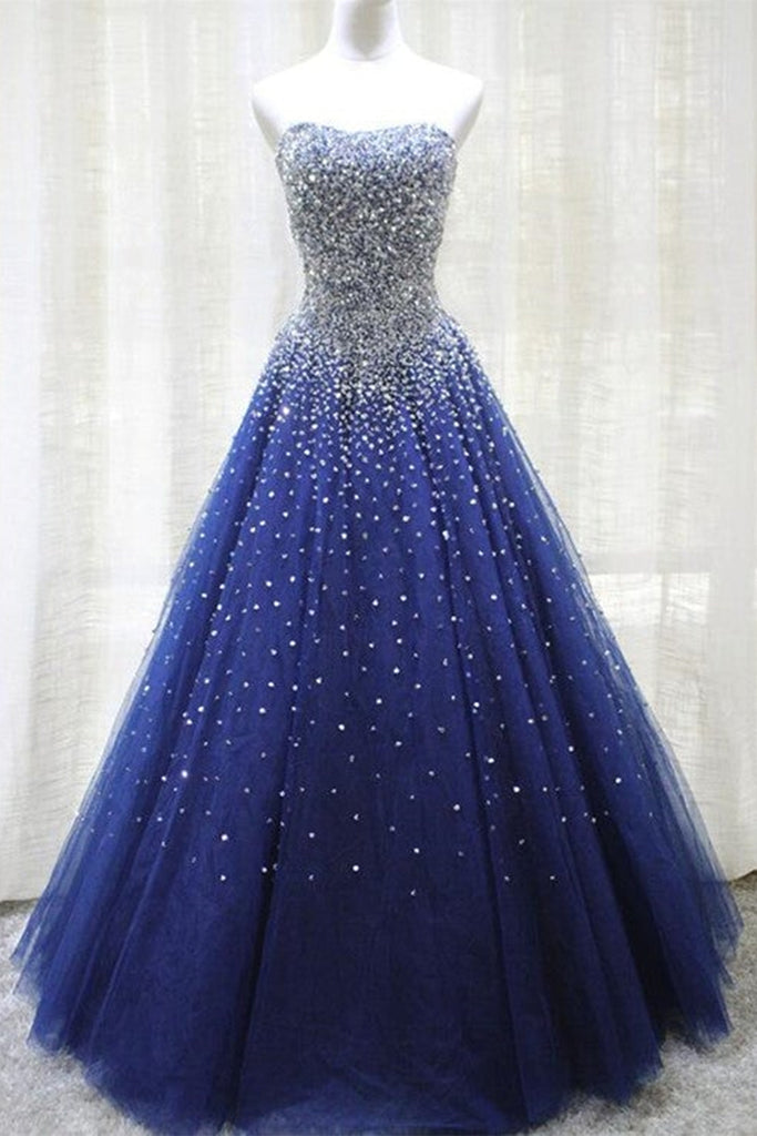 Gorgeous Strapless Blue Tulle Beaded Long Prom Dresses, Beaded Blue Formal Evening Dresses, Beaded Ball Gown A1398