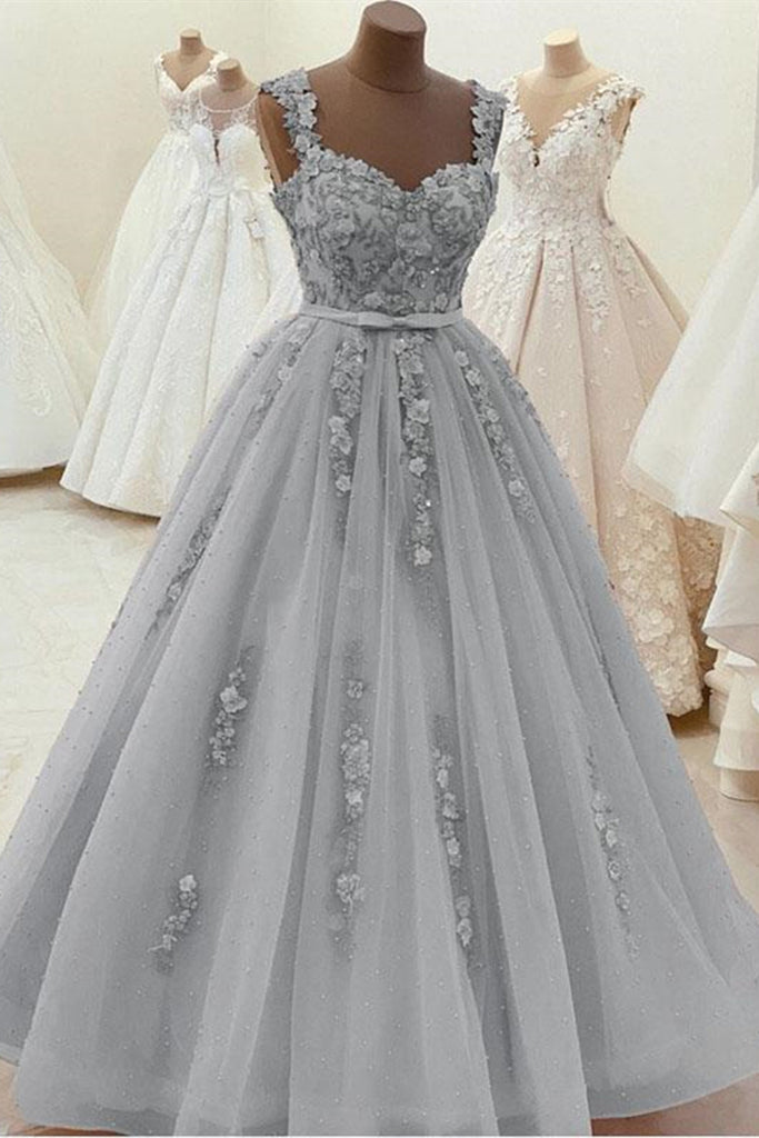 A-line Bateau Beaded Floor Length Silver Grey Chiffon Evening Gown -  Princessly
