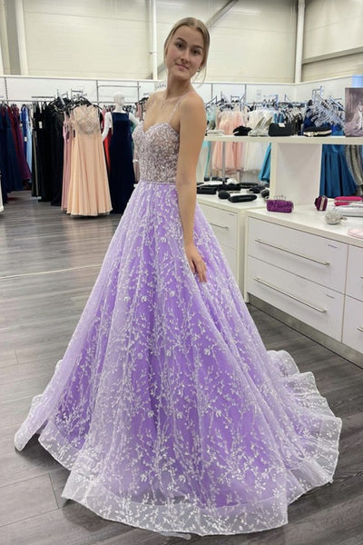 Gorgeous Sweetheart Neck Purple Lace Beaded Long Prom Dress, Purple Lace Formal Evening Dress, Purple Ball Gown A1300