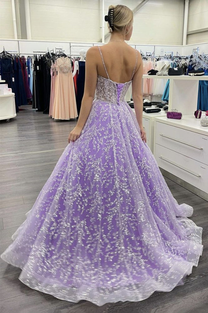 prom dresses purple and silver Sparkly Rhinestones Plunging Neck Purple Sequin Mermaid Prom Dress