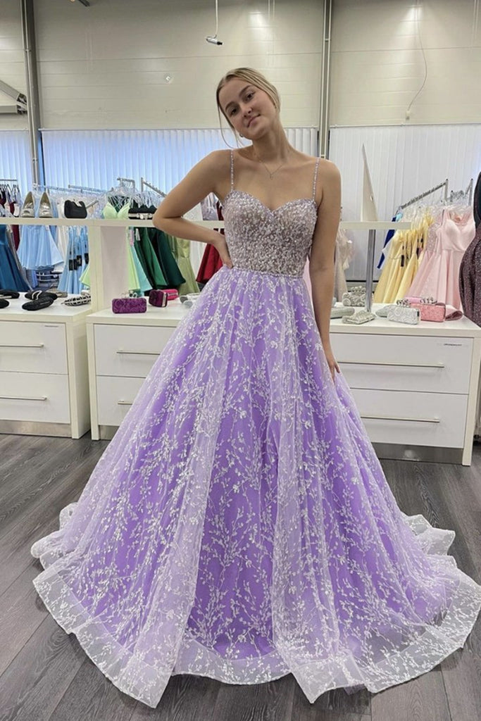 Gorgeous Sweetheart Neck Purple Lace Beaded Long Prom Dress, Purple La abcprom Gorgeous Sweetheart Neck Purple Lace Beaded Long Prom Dress, Purple La abcprom