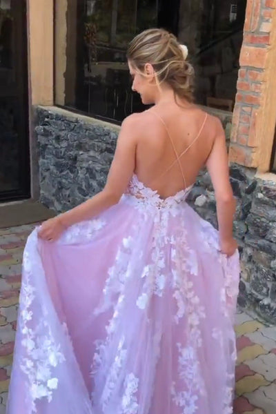 Gorgeous V Neck Backless White Lace Floral Lilac Long Prom Dress, Lilac Lace Formal Evening Dress, Lilac Floral Wedding Dress