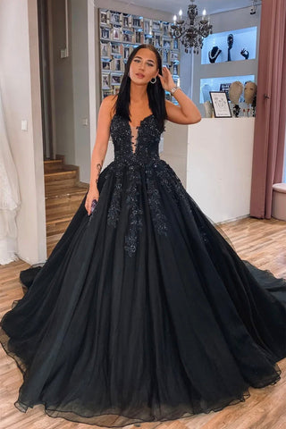 Elegant V Neck High Slit Black Long Prom Dress, V Neck Black