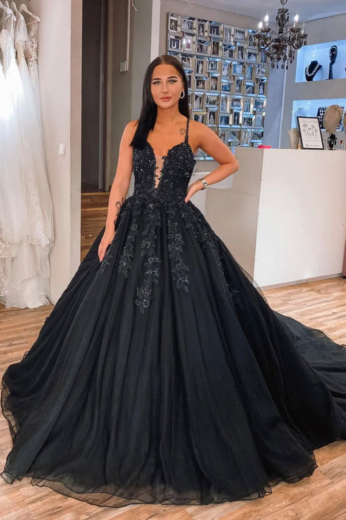 Gorgeous V Neck Beaded Black Lace Long Prom Dress, Black Lace Formal E abcprom Gorgeous V Neck Beaded Black Lace Long Prom Dress, Black Lace Formal E abcprom
