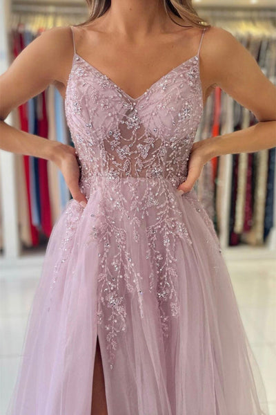 Gorgeous V Neck Beaded Pink Tulle Long Prom Dress with High Slit, V Neck Pink Formal Graduation Evening Dress A1591