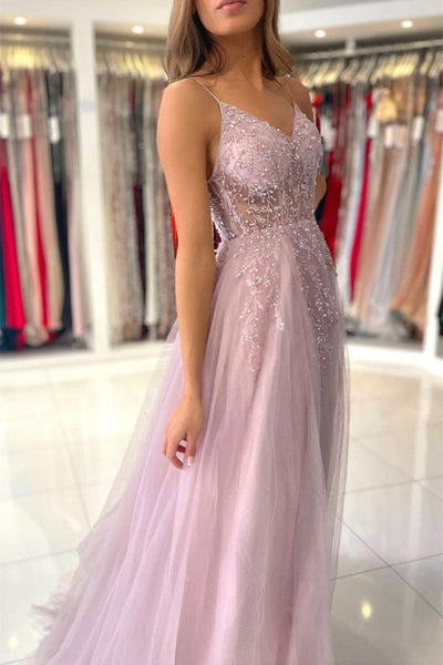 Gorgeous V Neck Beaded Pink Tulle Long Prom Dress with High Slit, V Neck Pink Formal Graduation Evening Dress A1591