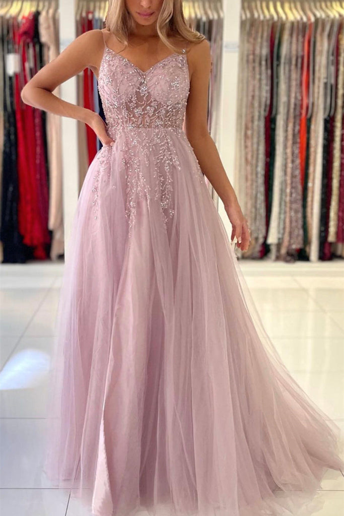 high neck pink prom dress A Line V Neck Hot Pink Lace Long Prom Dresses with High Slit TP1302 US12 / Hot Pink