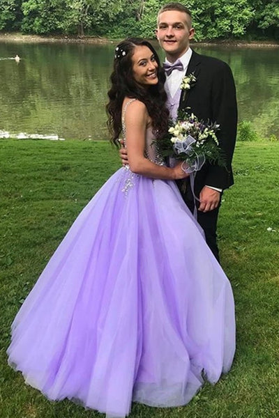 Gorgeous V Neck Beaded Purple Long Prom Dress, Purple Formal Evening Dress with Beading, Purple Ball Gown