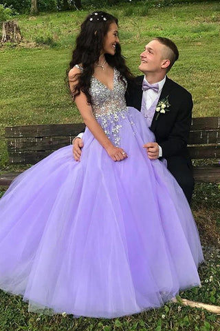 Gorgeous V Neck Beaded Purple Long Prom Dress, Purple Formal Evening Dress with Beading, Purple Ball Gown