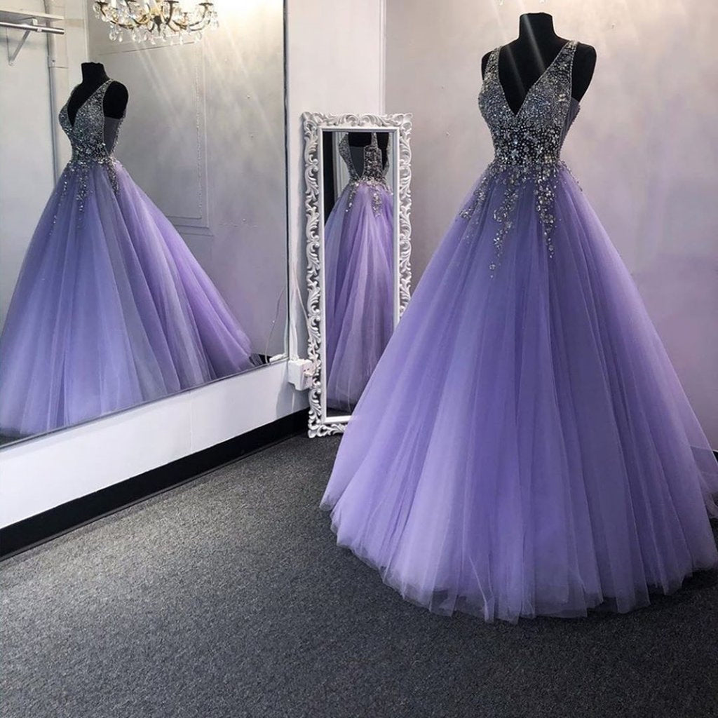 Gorgeous V Neck Beaded Purple Tulle Long Prom Dress, V Neck Purple For abcprom Gorgeous V Neck Beaded Purple Tulle Long Prom Dress, V Neck Purple For abcprom