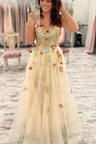 Gorgeous V Neck Champagne Lace Floral Long Prom Dress, Champagne Tulle Formal Evening Dress with 3D Flowers A1479