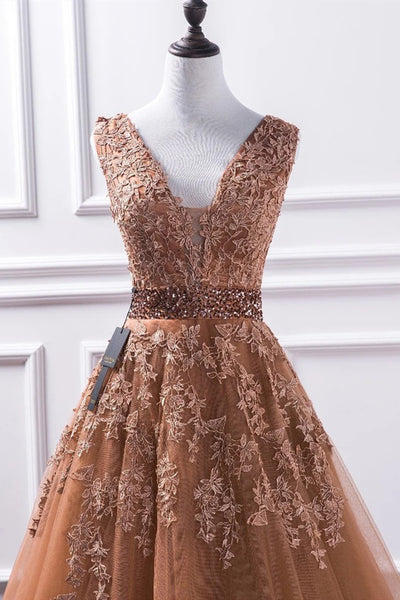 Gorgeous V Neck Champagne Lace Long Prom Dress, Champagne Lace Formal Graduation Evening Dress