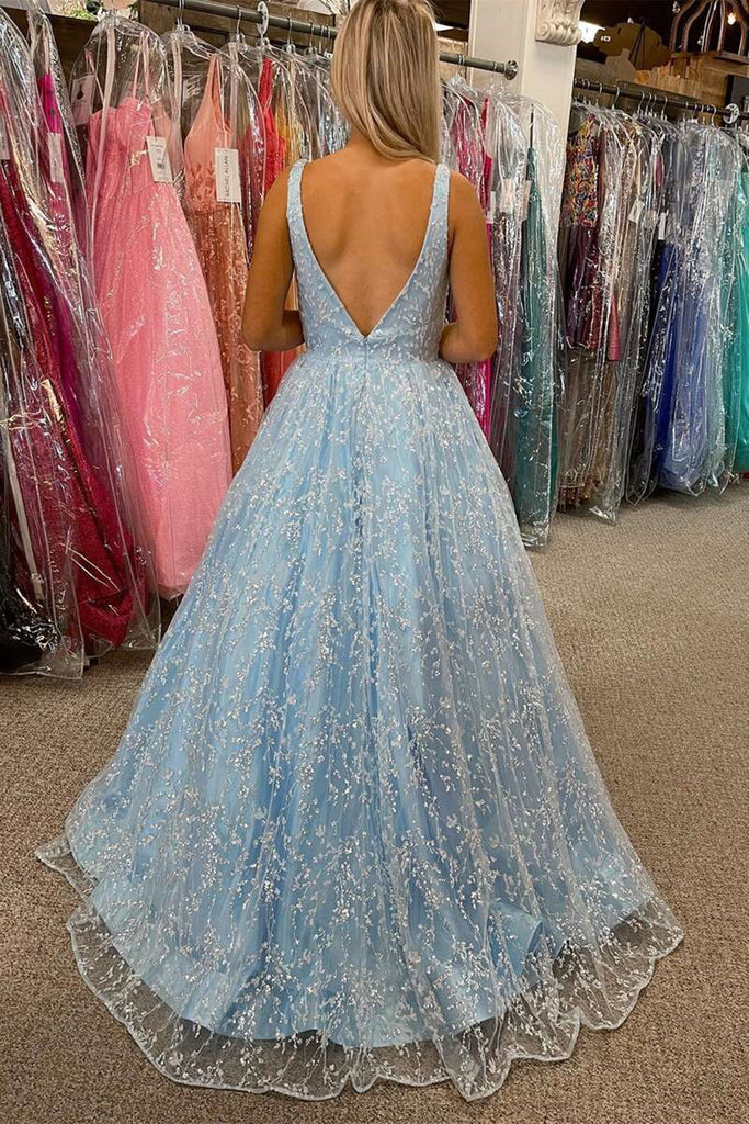 Gorgeous V Neck Light Blue Lace Long Prom Dress with Pocket, Light Blu –  abcprom