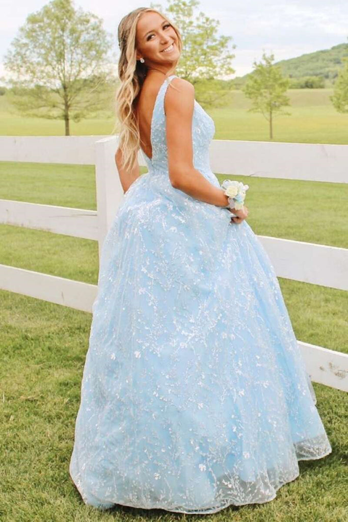 Gorgeous V Neck Light Blue Lace Long Prom Dress with Pocket, Light Blu abcprom Gorgeous V Neck Light Blue Lace Long Prom Dress with Pocket, Light Blu abcprom