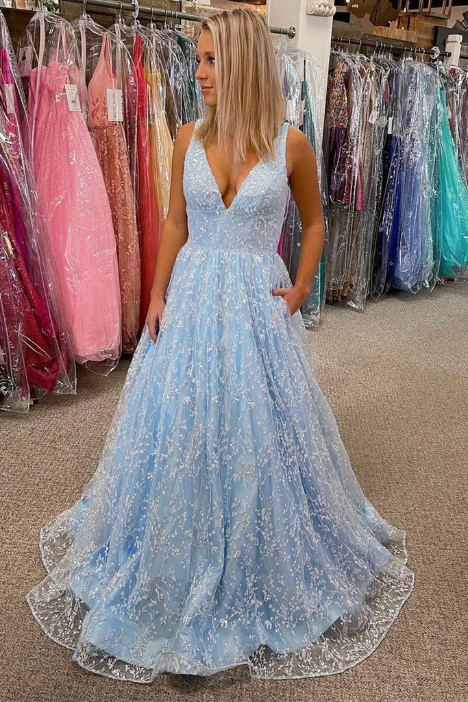 Gorgeous V Neck Light Blue Lace Long Prom Dress with Pocket, Light Blue Lace Formal Evening Dress A1522