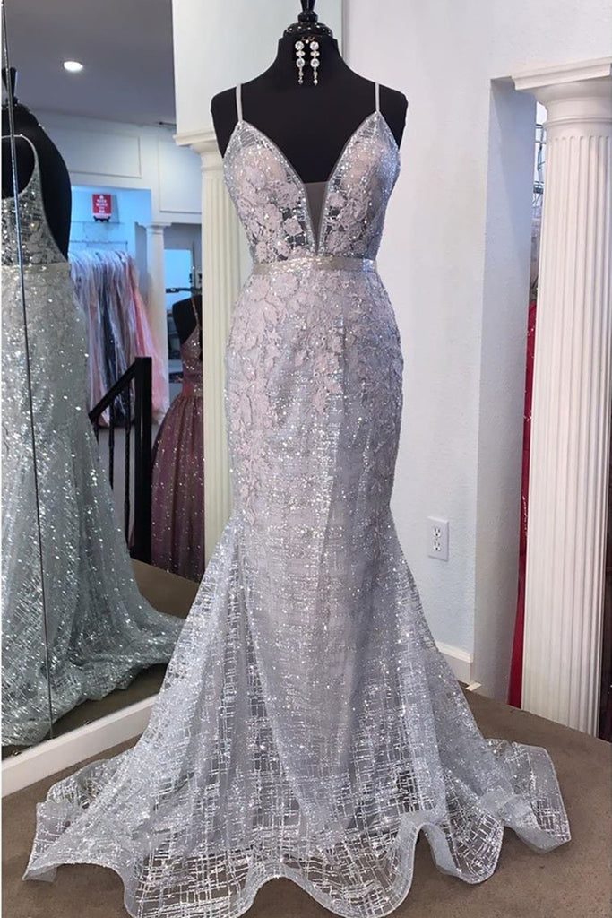 Gorgeous V Neck Mermaid Backless Silver Gray Prom Dress, Mermaid Silve abcprom Gorgeous V Neck Mermaid Backless Silver Gray Prom Dress, Mermaid Silve abcprom
