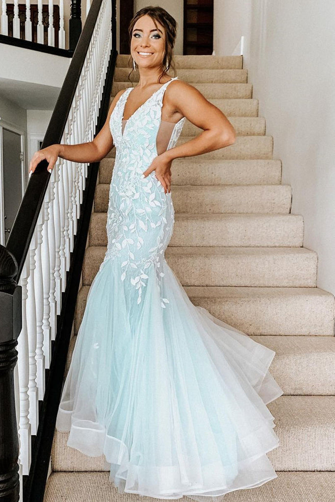 Gorgeous V Neck Mermaid Mint Green Lace Long Prom Dress, Mint Green La abcprom Gorgeous V Neck Mermaid Mint Green Lace Long Prom Dress, Mint Green La abcprom