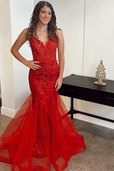 Gorgeous V Neck Mermaid Red Lace Floral Long Prom Dress, Open Back Red Lace Formal Dress, Red Floral Evening Dress A1509