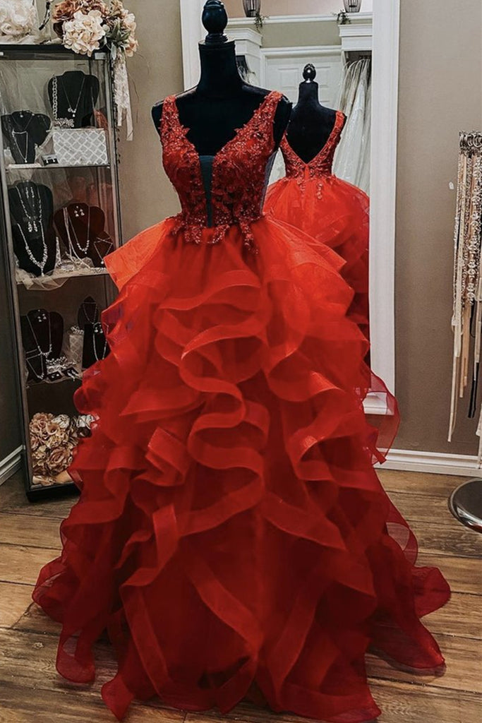 Gorgeous V Neck Open Back Red Lace Long Prom Dress, Red Lace Formal Evening Dress, Red Ball Gown A1366