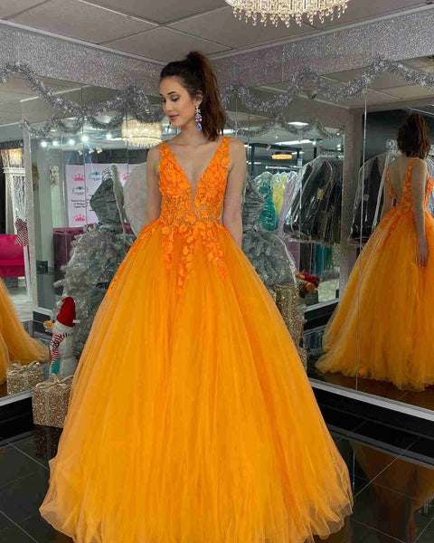 Gorgeous V Neck Orange Lace Floral Long Prom Dress, Orange Lace Formal Dress, Orange Evening Dress