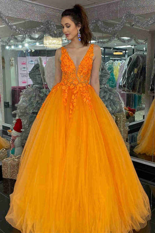 Gorgeous V Neck Orange Lace Floral Long Prom Dress, Orange Lace Formal Dress, Orange Evening Dress