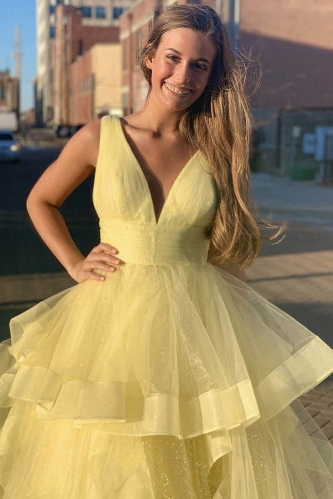 Gorgeous V Neck Sequins Yellow Long Prom Dress Shiny Yellow