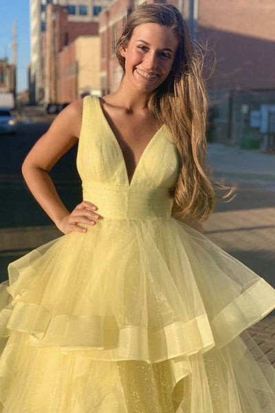 Gorgeous V Neck Sequins Yellow Long Prom Dress, Shiny Yellow Formal Evening Dress, Fluffy Ball Gown