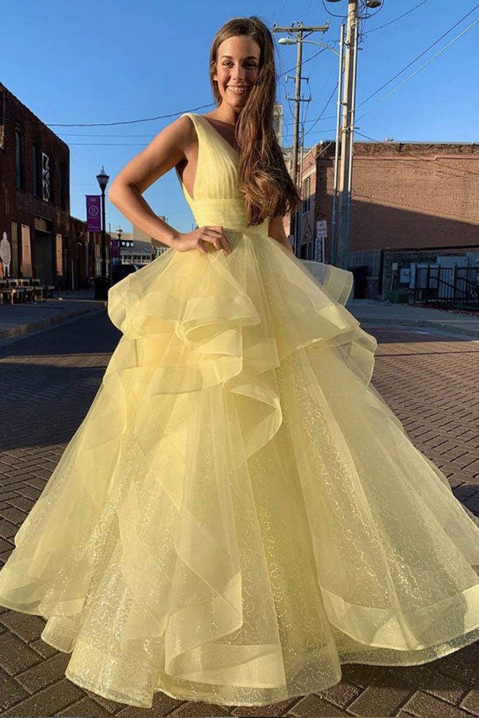 puffy yellow prom dress Vintage / Retro Yellow Prom Dresses 2021 A-Line / Princess V-Neck Puffy Short Sleeve Backless Bow Floor-Length / Long Prom Formal Dresses