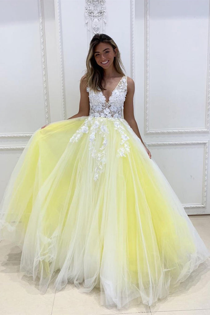 Gorgeous V Neck White Lace Appliques Yellow Long Prom Dress, Yellow Lace Floral Long Formal Evening Dress