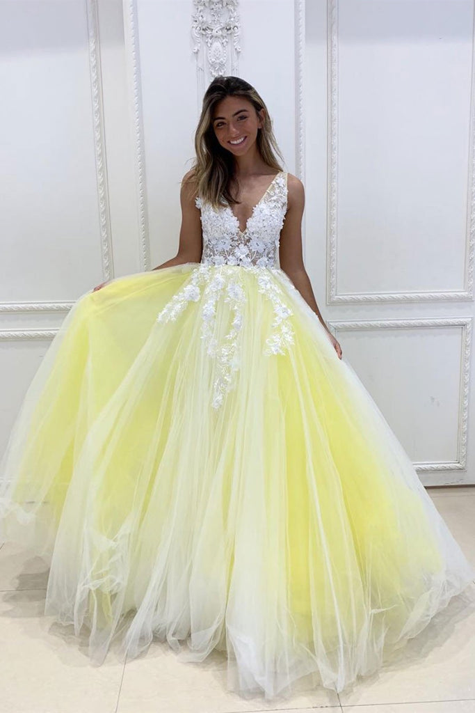 Gorgeous V Neck White Lace Appliques Yellow Long Prom Dress, Yellow La abcprom Gorgeous V Neck White Lace Appliques Yellow Long Prom Dress, Yellow La abcprom