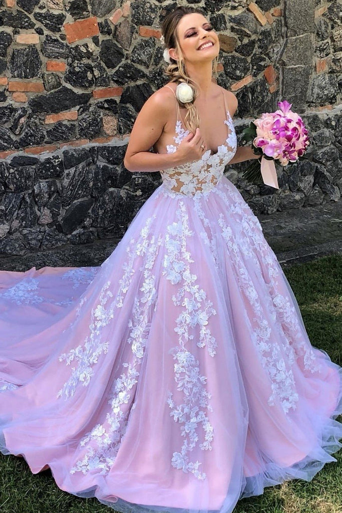 Gorgeous V Neck Backless White Lace Floral Lilac Long Prom Dress, Lila abcprom Gorgeous V Neck Backless White Lace Floral Lilac Long Prom Dress, Lila abcprom
