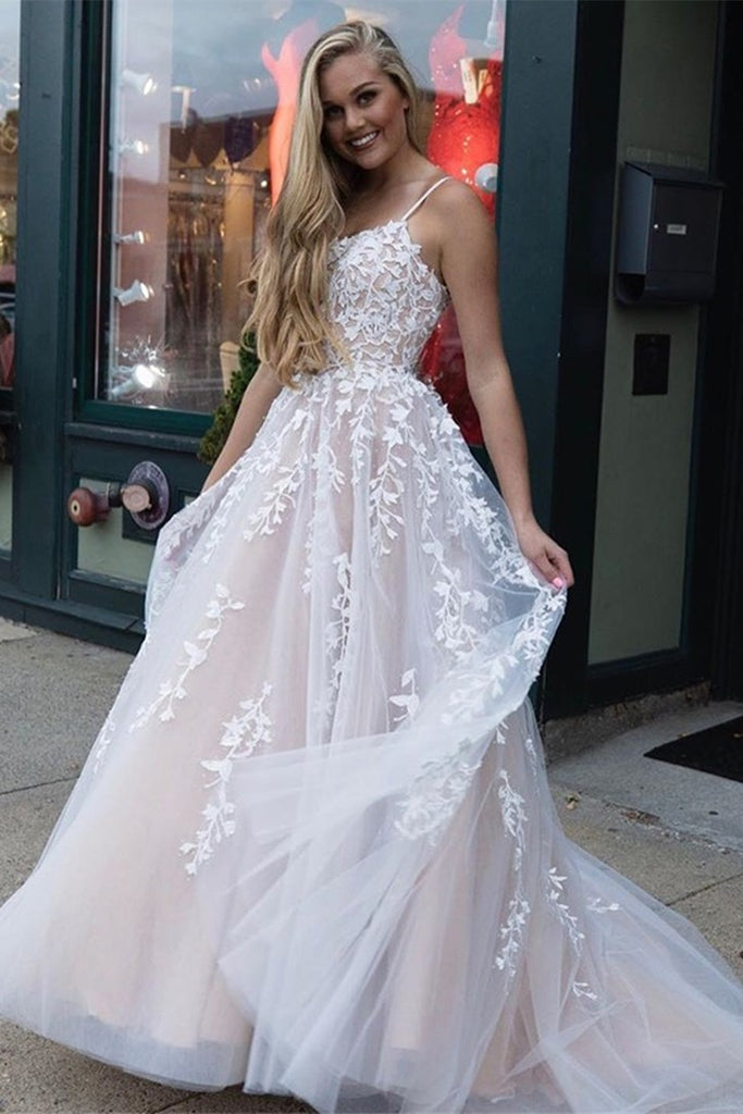 Gorgeous Open Back Long Champagne Lace Prom Dress, Champagne Lace
