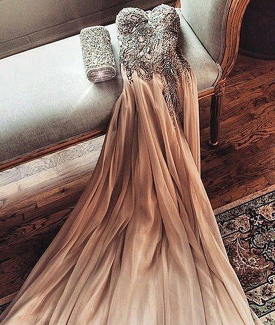 Gorgeous Sweetheart Neck Beaded Chiffon Champagne Prom Dresses, Champagne Formal Dresses